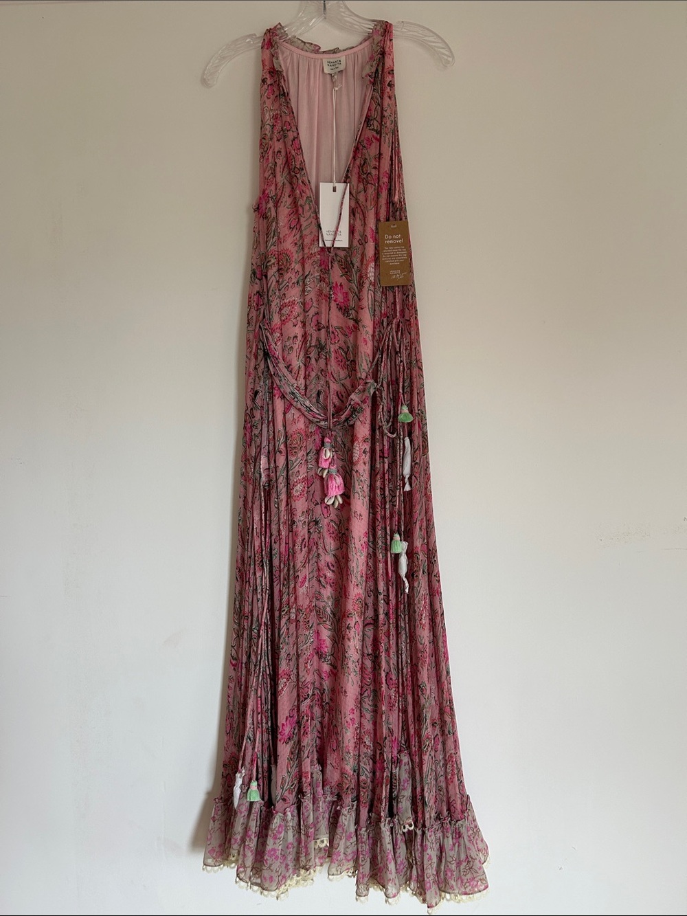 HEMANT & NANDITA Pink Floral Maxi Dress with Sea Shell Tassel Belt